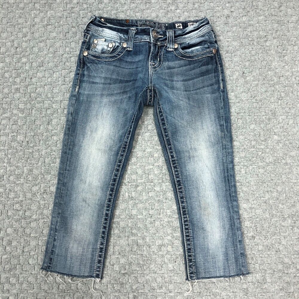Miss Me Jeans Womens 24 Straight Crop Capri Cut Off Raw Hem Rhinestone Pockets